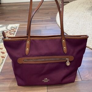 Coach Plum Canvas & Brown Leather Tote